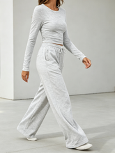 Women’s 2-Piece Casual Outfit Set, Long Sleeve Side Ruched Top & Drawstring Wide Leg Pants with Pockets, Loungewear Co-ord Set