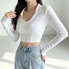 Women's Fall Sweet Spicy Fishbone Seam Crop Long Sleeve Top, American Style Irregular Hem Slim Fit Polo Collar T-Shirt Casual Layering Blouse