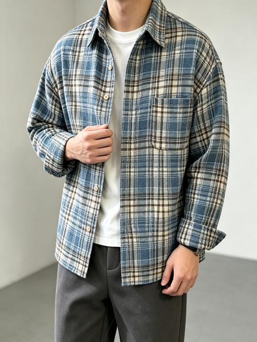 Vintage Plaid Long Sleeve Shirt for Men & Women, American Retro Flannel Oversized Button Down Casual Shacket Outerwear