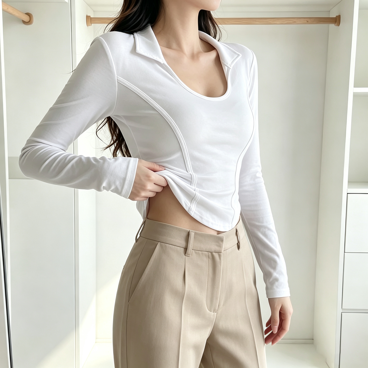 Women's Fall Sweet Spicy Fishbone Seam Crop Long Sleeve Top, American Style Irregular Hem Slim Fit Polo Collar T-Shirt Casual Layering Blouse
