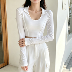 Women's Fall Sweet Spicy Fishbone Seam Crop Long Sleeve Top, American Style Irregular Hem Slim Fit Polo Collar T-Shirt Casual Layering Blouse