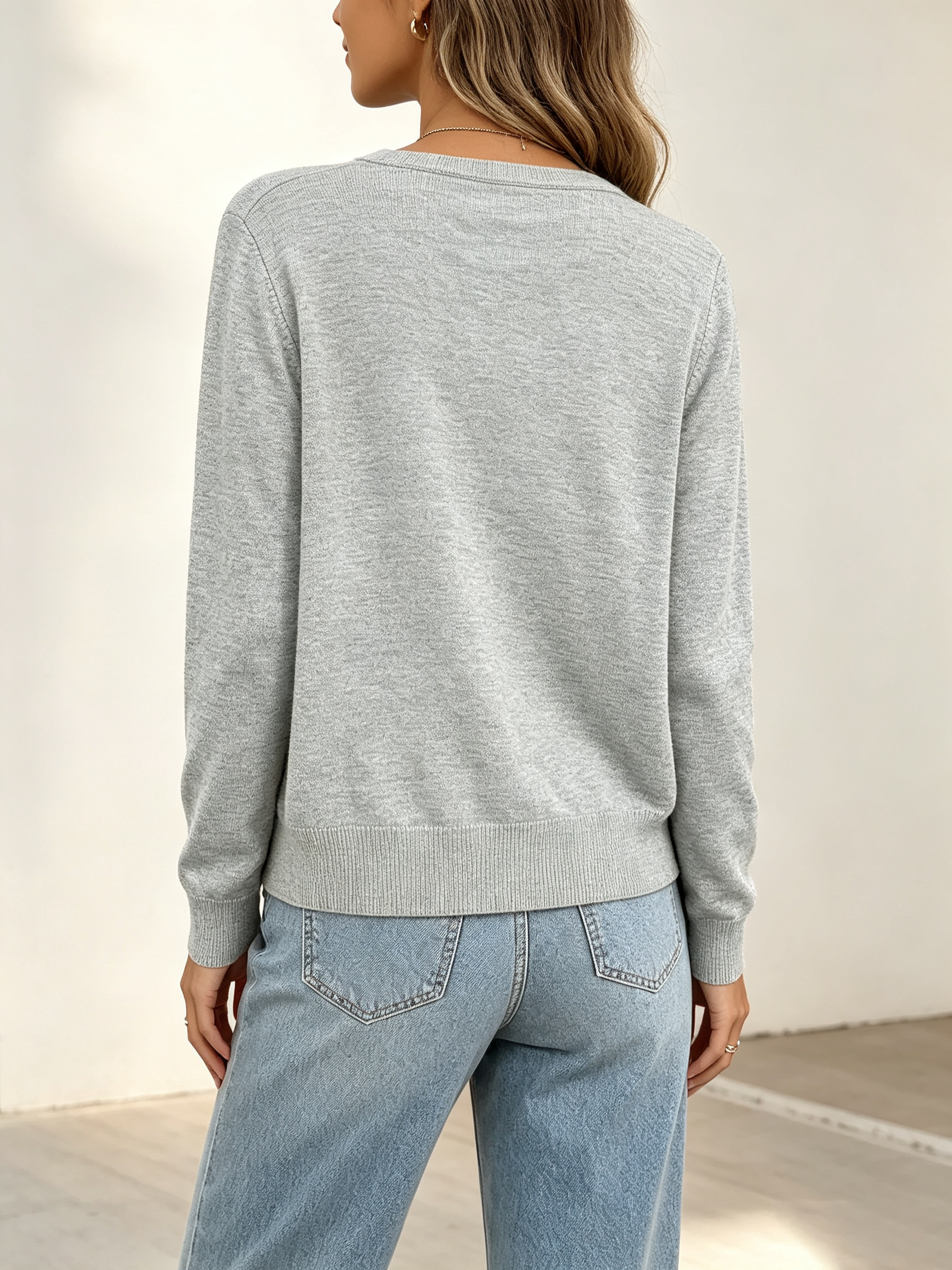 Women's Lightweight Crew Neck Knit Cardigan, Long Sleeve Button Down Cropped Sweater Outerwear